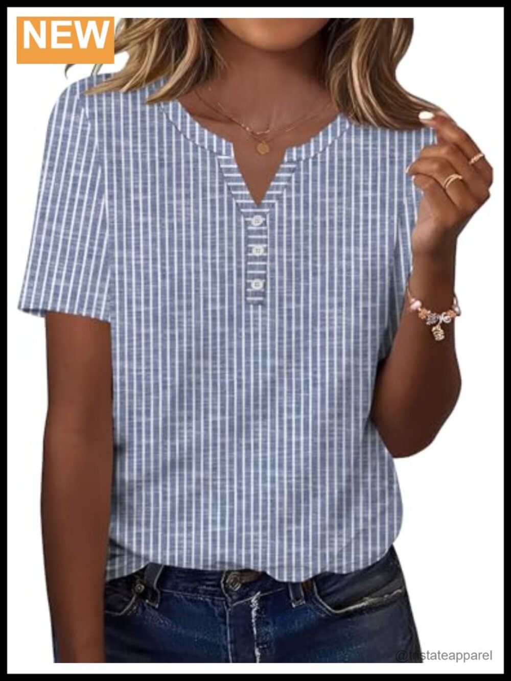 Women's Striped V Neck Short Sleeve Button Blouse Dressy Casual Top